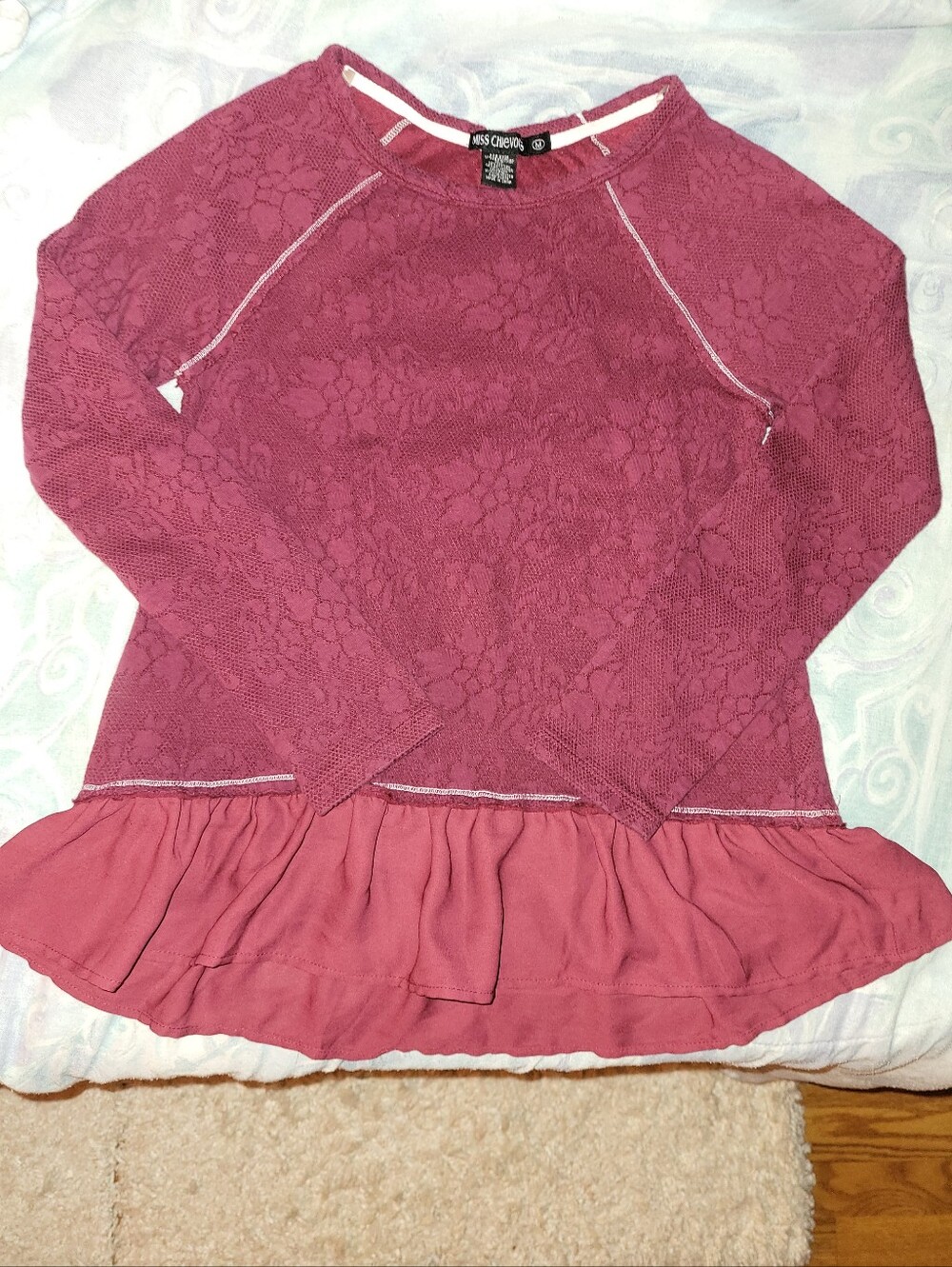 Miss Chievous Red Lace Peplum Top with Ruffle Hem, Size M